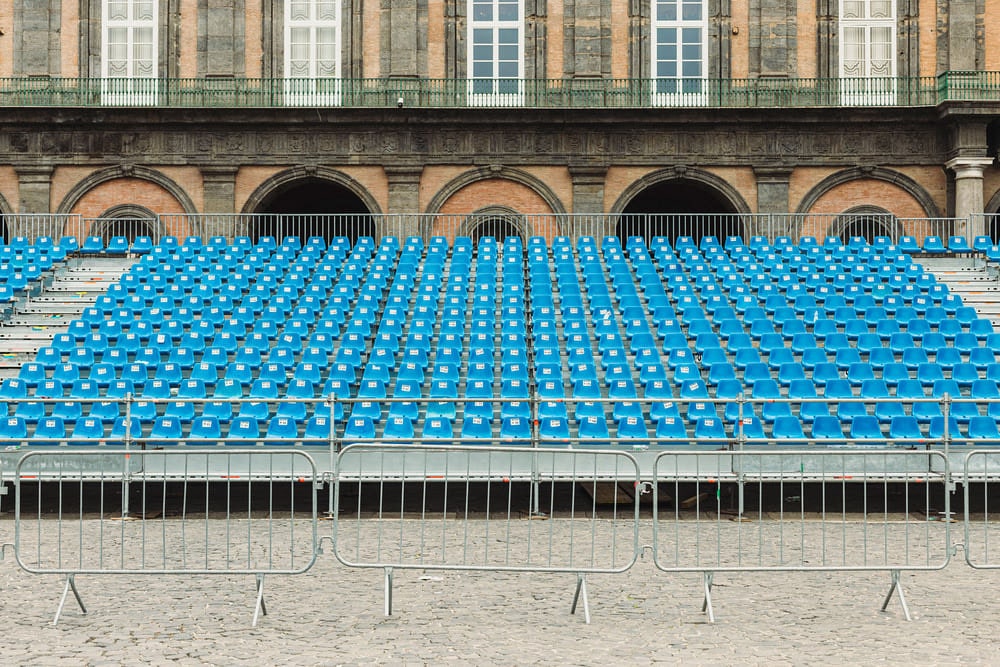 Documentary photography by Irene Pietrella of a stage installation in a historic plaza in Naples, Italy